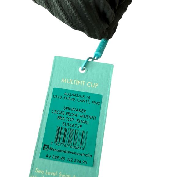 Sea Level Eco Essentials Cross Front Khaki Green Multifit Bra Bikini Top Size 10 - Picture 6 of 9